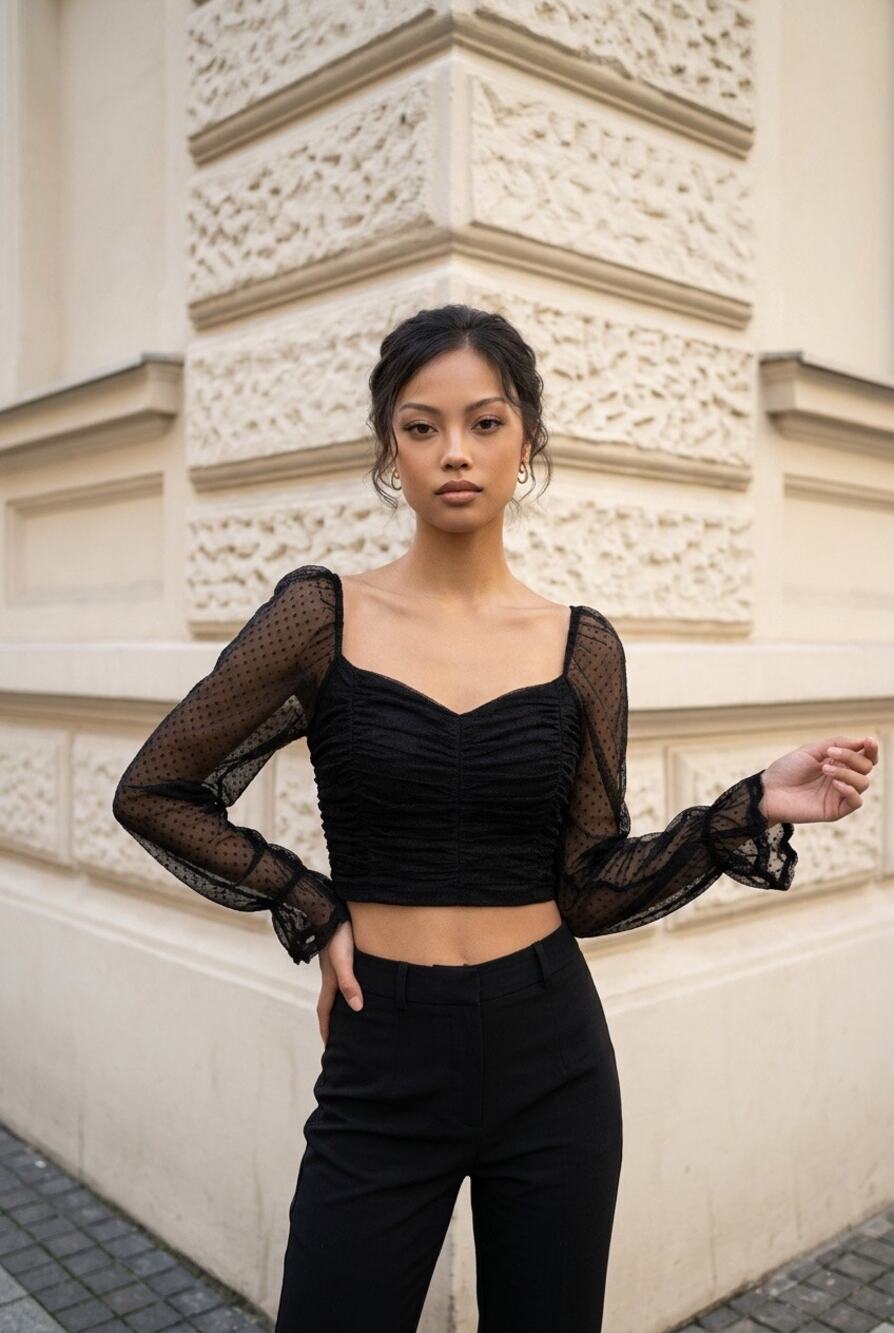 Chocolate USA Black Ruched Mesh Puff Sleeve Crop Top Sweetheart Neck Coquette M